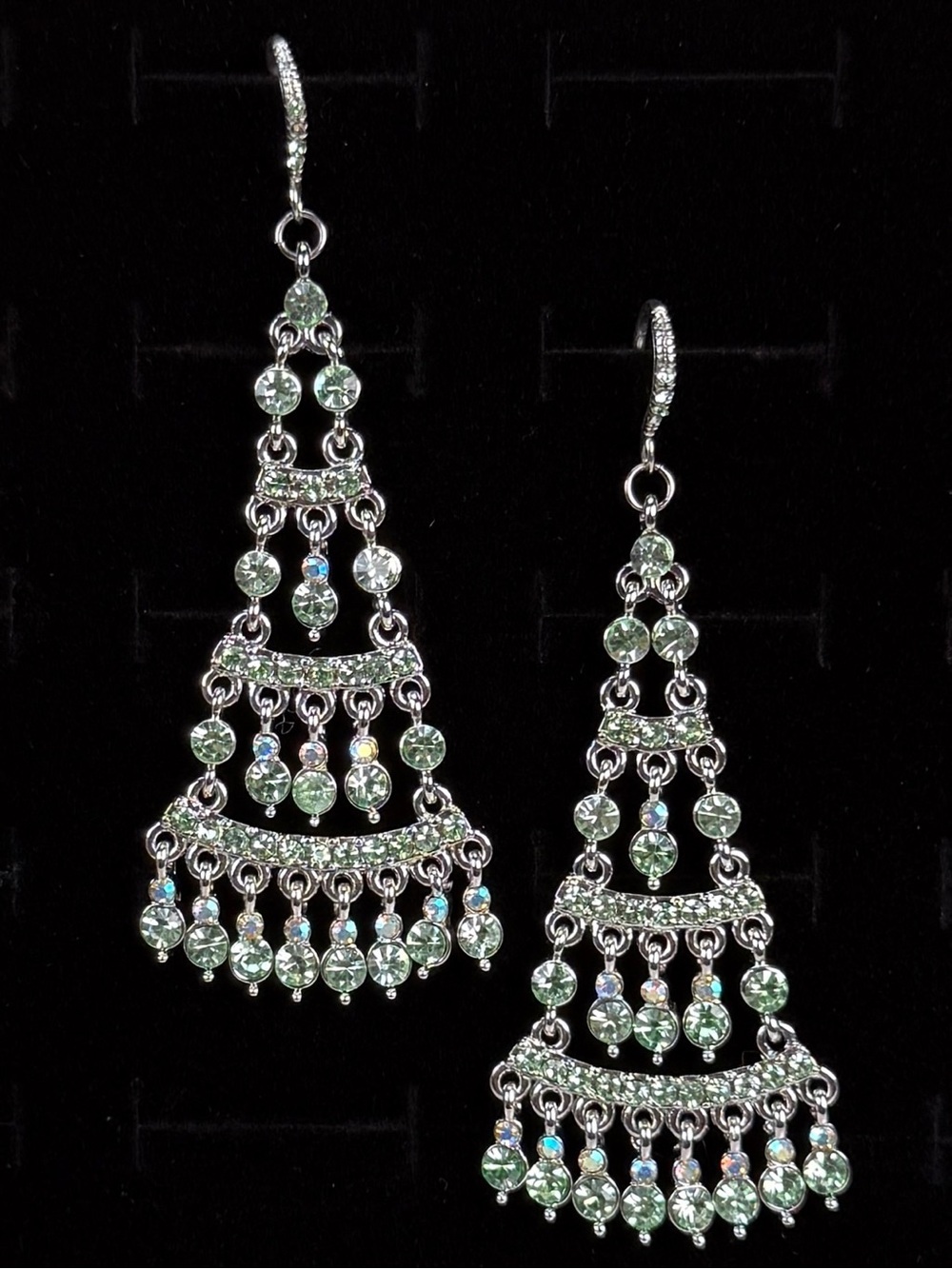Elegant Silvertone and Green Chandelier Weighted Pierced Earrings